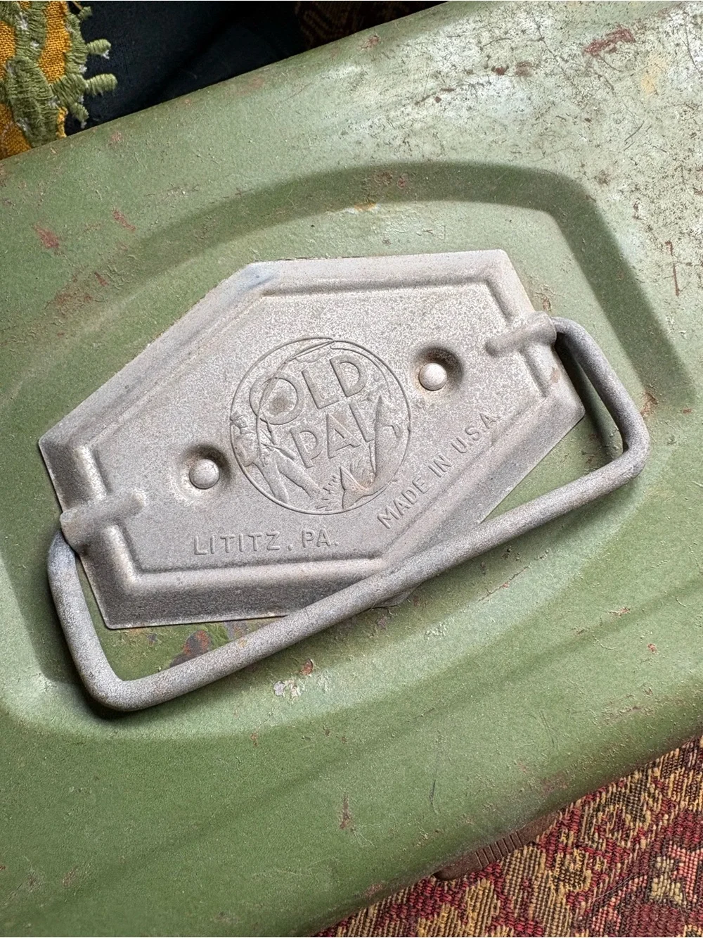 Old Pal Vintage Green Metal Tool Box with Raised Logo